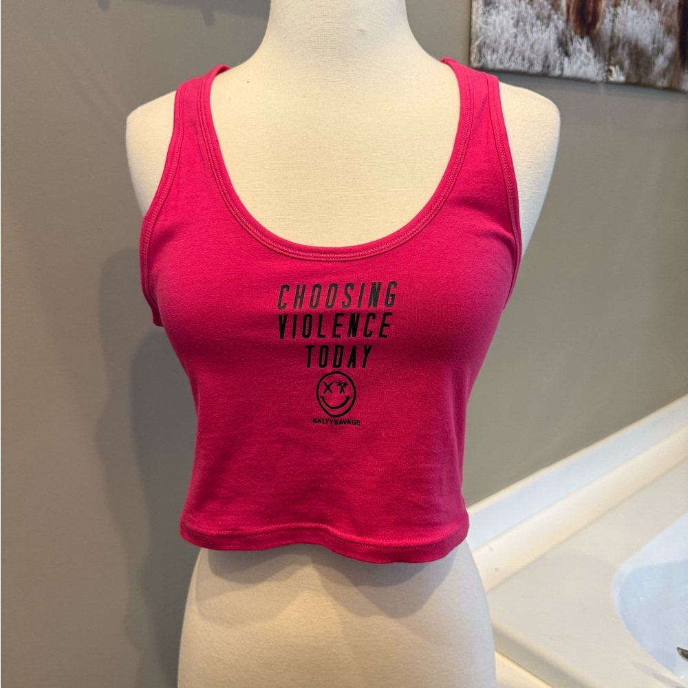 Bright Pink Graphic Racerback Crop Tank Top